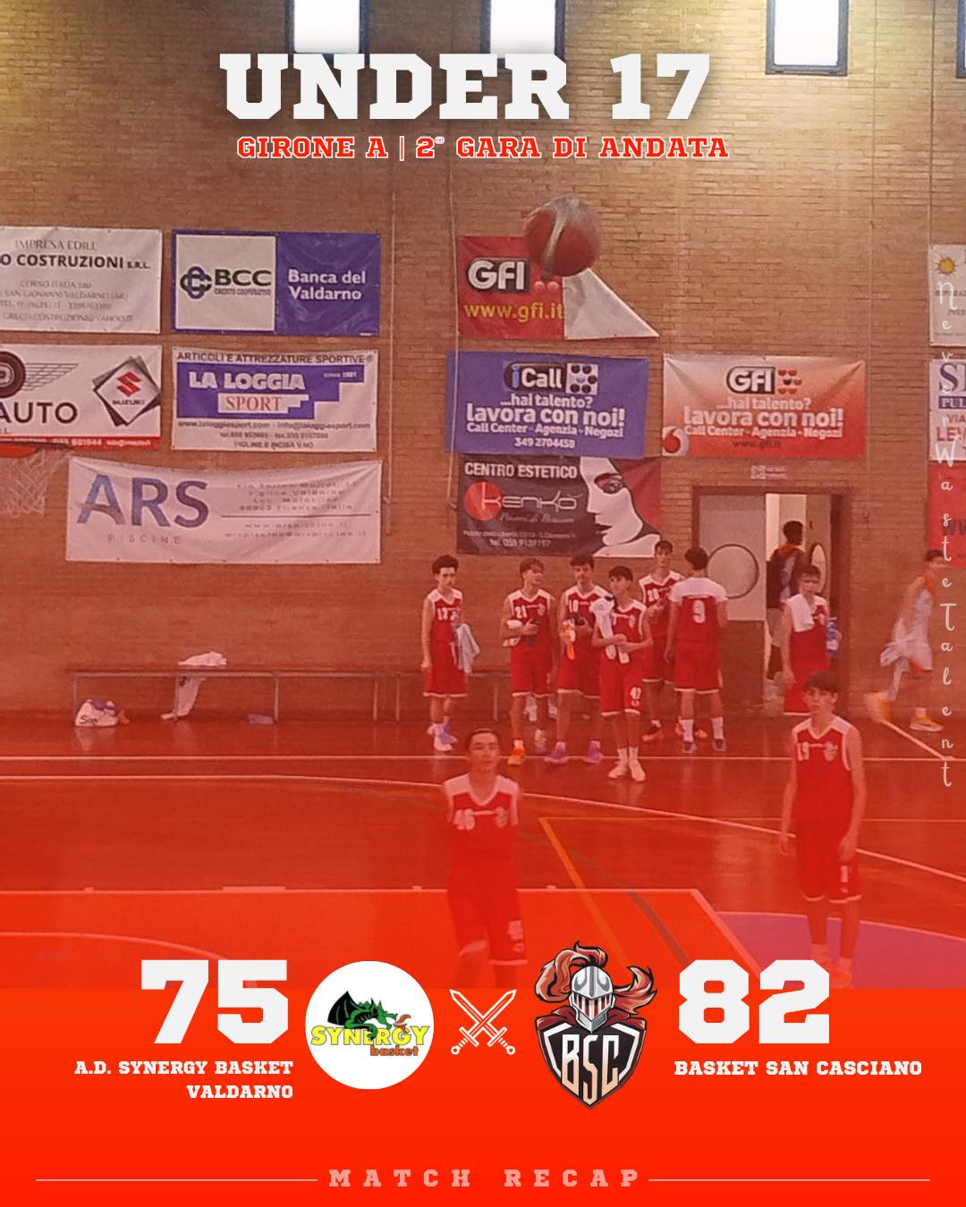 𝐔𝟏𝟕 𝐒𝐢𝐥𝐯𝐞𝐫, 𝐠𝐢𝐫𝐨𝐧𝐞 𝐀 - 𝟐ª 𝐠𝐚𝐫𝐚 𝐝𝐢 𝐚𝐧𝐝𝐚𝐭𝐚
𝐀.𝐃. 𝐒𝐲𝐧𝐞𝐫𝐠𝐲 𝐁𝐚𝐬𝐤𝐞𝐭 𝐕𝐚𝐥𝐝𝐚𝐫𝐧𝐨 𝐯𝐬 𝐁𝐚𝐬𝐤𝐞𝐭 𝐒𝐚𝐧 𝐂𝐚𝐬𝐜𝐢𝐚𝐧𝐨: 𝟕𝟓 - 𝟖𝟐

Prima vittoria in campionato per il gruppo allenato da Coach Claudio Fabbri.

Vittoria meritata che arriva dopo un tempo supplementare e che riusciamo a conseguire grazie, soprattutto, a buone soluzioni offensive.

𝐈𝐥 𝐜𝐨𝐦𝐦𝐞𝐧𝐭𝐨 𝐝𝐢 𝐂𝐨𝐚𝐜𝐡 𝐅𝐚𝐛𝐛𝐫𝐢:
Seconda partita del campionato e prima meritata vittoria dopo un tempo supplementare.

Partita giocata bene, con buone trame di gioco, ma talvolta con una difesa un po’ rivedibile e sicuramente migliorabile.

Più volte nel corso dei quattro tempi regolamentari i ragazzi hanno tentato l’allungo, ma con qualche distrazione siamo stati ripresi, fino a giungere agli ultimi secondi del quarto quarto avanti di tre punti che però non siamo riusciti a conservare.

Nei cinque minuti del tempo supplementare abbiamo subito preso un buon margine di vantaggio, fino a 10 punti, che questa volta siamo riusciti a mantenere fino alla fine.

Bella vittoria e ora prepariamoci alla prossima.

Forza San Casciano!

#NeverWasteTalent