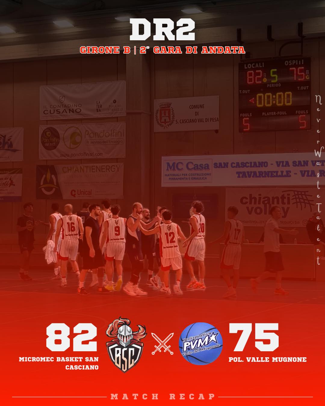 𝐃𝐑𝟐, 𝐠𝐢𝐫𝐨𝐧𝐞 𝐁 - 𝟐ª 𝐠𝐚𝐫𝐚 𝐝𝐢 𝐚𝐧𝐝𝐚𝐭𝐚
𝐌𝐢𝐜𝐫𝐨𝐦𝐞𝐜 𝐒𝐚𝐧 𝐂𝐚𝐬𝐜𝐢𝐚𝐧𝐨 𝐯𝐬 𝐏𝐨𝐥. 𝐕𝐚𝐥𝐥𝐞 𝐌𝐮𝐠𝐧𝐨𝐧𝐞: 𝟖𝟐 - 𝟕𝟓

Prima partita di campionato in casa e seconda vittoria consecutiva per noi, che arriva dopo un tempo supplementare contro la finalista dei playoff della scorsa stagione.

Vittoria tanto sofferta quanto importante e meritata, che la squadra ha voluto dedicare a Cosimo Pestelli e Lorenzo Splendorini, che purtroppo hanno subito due brutti infortuni nella seconda parte della gara. A loro va l’abbraccio affettuoso di tutta la famiglia biancorossa.

𝐈𝐥 𝐜𝐨𝐦𝐦𝐞𝐧𝐭𝐨 𝐝𝐢 𝐂𝐨𝐚𝐜𝐡 𝐏𝐢𝐬𝐭𝐨𝐥𝐞𝐬𝐢:
Ci aspettavamo una partita difficile, complicata e ad alto punteggio, e così è stata.

Loro, nonostante alcune assenze di peso, sono una squadra forte ed esperta che per 45 minuti ci ha messo in grande difficoltà, aggrappandosi a volte all’esperienza e a volte alla freschezza e al talento dei loro esterni.

Noi siamo stati bravi a restare dentro la partita anche nei momenti di difficoltà per poi venirne fuori nei momenti importanti e decisivi.

Troppe palle perse banali e percentuali troppo basse ai liberi: su questo bisogna migliorare velocemente.

Nota dolente, che ci fa gioire a metà, i due infortuni di Pestelli e Splendorini, ai quali la squadra ha dedicato la vittoria finale.

Testa ora alla prossima partita contro Florence, che l’anno scorso ha vinto la regular season del campionato.

#NeverWasteTalent