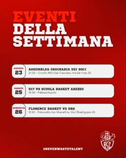 📅 𝐄𝐯𝐞𝐧𝐭𝐢 𝐝𝐞𝐥𝐥𝐚 𝐬𝐞𝐭𝐭𝐢𝐦𝐚𝐧𝐚!
Una settimana ricca di appuntamenti per tutta la famiglia biancorossa 🤍❤️

🏀 𝐆𝐢𝐨𝐯𝐞𝐝𝐢̀ 𝟐𝟑 – Assemblea ordinaria dei soci
📍 Circolo ARCI San Casciano, ore 21:00

🏀 𝐒𝐚𝐛𝐚𝐭𝐨 𝟐𝟓 – 𝐔𝟏𝟕 𝐁𝐒𝐂 vs Scuola Basket Arezzo
📍 Palamontopolo, ore 18:00

🏀 𝐃𝐨𝐦𝐞𝐧𝐢𝐜𝐚 𝟐𝟔 – Florence Basket vs 𝐃𝐑𝟐 𝐊𝐧𝐢𝐠𝐡𝐭𝐬
📍 Palazzetto San Marcellino, ore 18:30

💪 Vi aspettiamo per tifare insieme, condividere passione e vivere un’altra settimana all’insegna di sport, amicizia e crescita personale.

#NeverWasteTalent