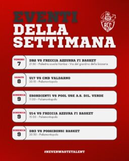 📅 𝐄𝐯𝐞𝐧𝐭𝐢 𝐝𝐞𝐥𝐥𝐚 𝐬𝐞𝐭𝐭𝐢𝐦𝐚𝐧𝐚!
Un weekend tutto biancorosso 🤍❤️ con tante sfide da vivere insieme ai nostri ragazzi!

🏀 𝐕𝐞𝐧𝐞𝐫𝐝𝐢̀ 𝟕 – 𝐃𝐑𝟐 𝐊𝐧𝐢𝐠𝐡𝐭𝐬 vs Freccia Azzurra FI Basket
📍 Palestra scuola Vamba – Via del Giardino della Bizzaria ⏰ 21:30

🏀 𝐒𝐚𝐛𝐚𝐭𝐨 𝟖 – 𝐔𝟏𝟕 𝐁𝐒𝐂 vs CMB Valdarno
📍 Palamontopolo ⏰ 20:15

🏀 𝐃𝐨𝐦𝐞𝐧𝐢𝐜𝐚 𝟗 – 𝐄𝐬𝐨𝐫𝐝𝐢𝐞𝐧𝐭𝐢 𝐁𝐒𝐂 vs Pool Use A.S. Dil. Verde
📍 Palamontopolo ⏰ 11:00

🏀 𝐃𝐨𝐦𝐞𝐧𝐢𝐜𝐚 𝟗 – 𝐔𝟏𝟒 𝐁𝐒𝐂 vs Freccia Azzurra FI Basket
📍 Palamontopolo ⏰ 15:00

🏀 𝐃𝐨𝐦𝐞𝐧𝐢𝐜𝐚 𝟗 – 𝐃𝐑𝟑 𝐂𝐫𝐚𝐳𝐲 𝐇𝐨𝐫𝐬𝐞𝐬 vs Poggibonsi Basket
📍 Palamontopolo ⏰ 20:30

💪 Passione, impegno e tanto spirito di squadra!

#NeverWasteTalent