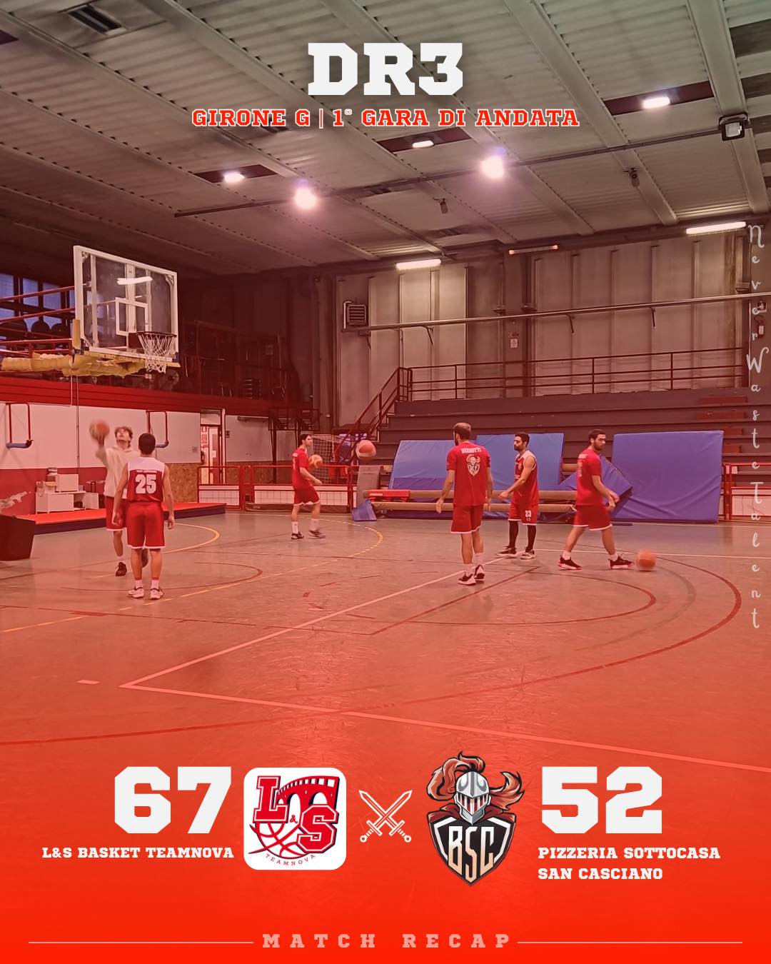 𝐃𝐑𝟑, 𝐠𝐢𝐫𝐨𝐧𝐞 𝐆 - 𝟏ª 𝐠𝐚𝐫𝐚 𝐝𝐢 𝐚𝐧𝐝𝐚𝐭𝐚
𝐋&𝐒 𝐁𝐚𝐬𝐤𝐞𝐭 𝐓𝐞𝐚𝐦𝐧𝐨𝐯𝐚 𝐯𝐬 𝐏𝐢𝐳𝐳𝐞𝐫𝐢𝐚 𝐒𝐨𝐭𝐭𝐨𝐜𝐚𝐬𝐚 𝐒𝐚𝐧 𝐂𝐚𝐬𝐜𝐢𝐚𝐧𝐨: 𝟔𝟕 - 𝟓𝟐

Sconfitta per la nostra squadra nella prima giornata di campionato della Divisione Regionale Tre.

Una partenza timida dei ragazzi di Coach Borghi e le ottime percentuali realizzative dei nostri avversari nel tiro da tre punti consegnano il referto rosa a Lastra a Signa, una delle squadre meglio attrezzate del girone.

𝐈𝐥 𝐜𝐨𝐦𝐦𝐞𝐧𝐭𝐨 𝐝𝐢 𝐂𝐨𝐚𝐜𝐡 𝐁𝐨𝐫𝐠𝐡𝐢:
Partenza complicata per la nostra squadra nella prima giornata di campionato.

L’avvio è stato sottotono, ma dopo il primo break subito siamo riusciti a rientrare, riducendo lo svantaggio fino a –5. Nel secondo quarto, però, Lastra a Signa ha trovato grande continuità realizzativa dall’arco, mettendoci in seria difficoltà e costruendo un margine importante che ha indirizzato la gara.

Nel finale abbiamo provato a riaprire la partita, tornando aggressivi in difesa e trovando più fluidità in attacco, ma la rimonta è arrivata tardi e il divario accumulato non ci ha permesso di completare il recupero.

C’è rammarico: conoscevamo bene gli avversari, li avevamo già affrontati in amichevole e ci eravamo preparati per questa sfida. Però non siamo riusciti a mettere in campo la giusta determinazione e attenzione per un match così importante. Il Teamnova è tra le squadre più forti del girone e partire con una vittoria sarebbe stato significativo.

Un’occasione persa, è vero, ma il lavoro fatto non va in fumo: ci servirà subito per ripartire con ancora più concentrazione e voglia di rivalsa, già dalla prossima partita, la prima in casa.

#NeverWasteTalent