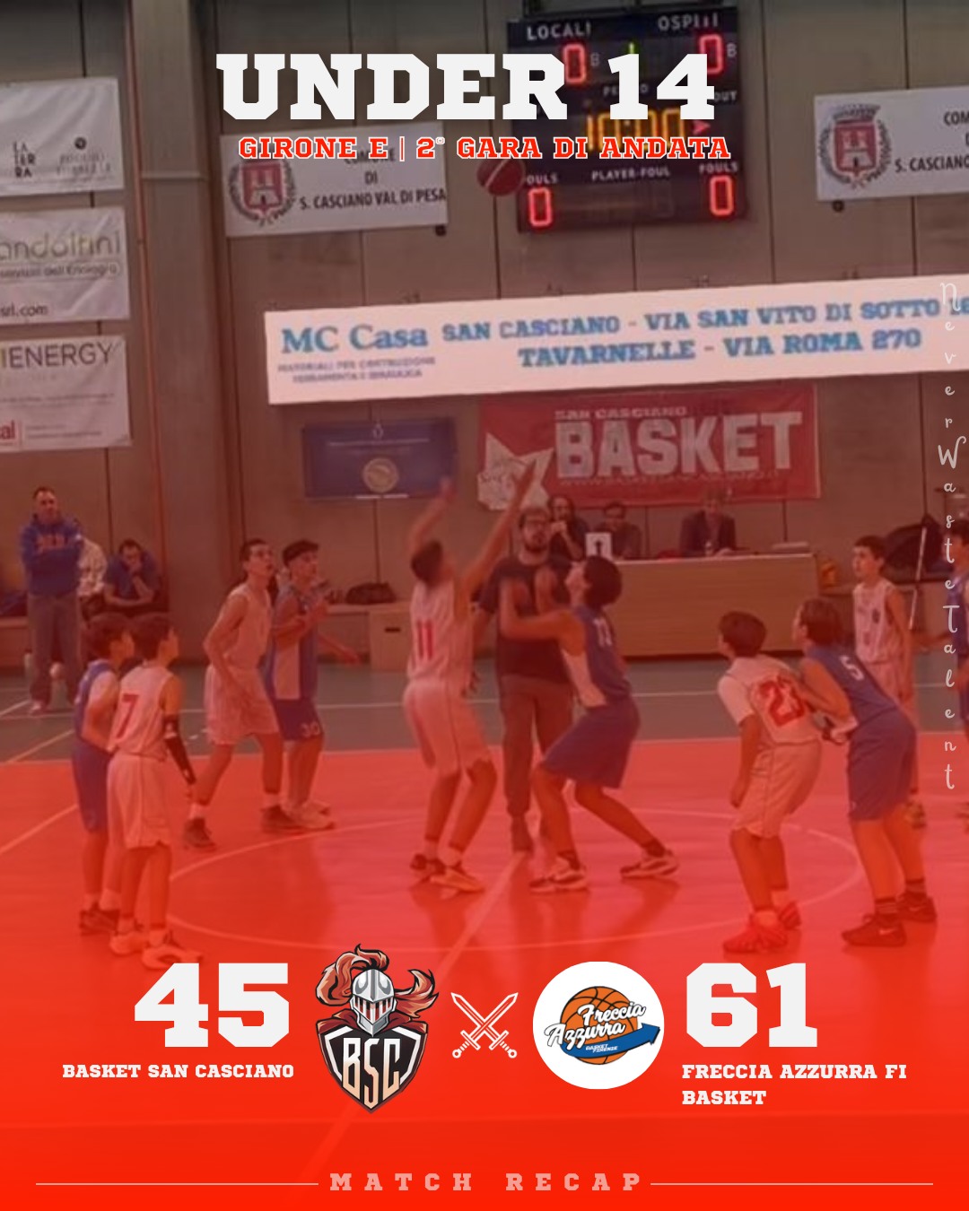 𝐔𝐧𝐝𝐞𝐫 𝟏𝟒 𝐒𝐢𝐥𝐯𝐞𝐫, 𝐠𝐢𝐫𝐨𝐧𝐞 𝐄 - 2ª 𝐠𝐚𝐫𝐚 𝐝𝐢 𝐚𝐧𝐝𝐚𝐭𝐚
𝐁𝐚𝐬𝐤𝐞𝐭 𝐒𝐚𝐧 𝐂𝐚𝐬𝐜𝐢𝐚𝐧𝐨 𝐯𝐬 𝐀.𝐃. 𝐅𝐫𝐞𝐜𝐜𝐢𝐚 𝐀𝐳𝐳𝐮𝐫𝐫𝐚 𝐅𝐈 𝐁𝐚𝐬𝐤𝐞𝐭: 𝟒𝟓 - 𝟔𝟏

Partita decisa al quarto quarto, con il break decisivo dei nostri avversari che spezza l’equilibrio dei tre tempi precedenti.

Nel complesso comunque, una buona prestazione per il gruppo allenato da Nicola Nadalin e Nico Pescini.

Forza Ragazzi!

𝐈𝐥 𝐜𝐨𝐦𝐦𝐞𝐧𝐭𝐨 𝐝𝐢 𝐂𝐨𝐚𝐜𝐡 𝐍𝐚𝐝𝐚𝐥𝐢𝐧:
Avanti a piccoli passi, potremmo definire così la partita di oggi.

Stiamo cercando di eliminare quegli errori che ci costano sempre parziali importanti che non riusciamo a ricucire.

Sono comunque soddisfatto per i miglioramenti visti rispetto alla partita di esordio ed abbiamo dimostrato che con il lavoro duro durante la settimana possiamo rimanere in partita fino alla fine.

Avanti dunque con fiducia pensando a mettere piccoli mattoncini per costruire un qualcosa di importante.

#NeverWasteTalent
