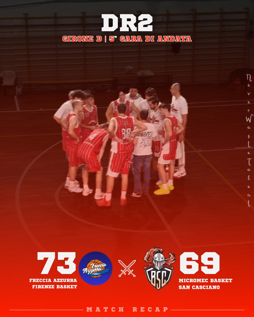 𝐃𝐑𝟐, 𝐠𝐢𝐫𝐨𝐧𝐞 𝐁 - 𝟓ª 𝐠𝐚𝐫𝐚 𝐝𝐢 𝐚𝐧𝐝𝐚𝐭𝐚
𝐅𝐫𝐞𝐜𝐜𝐢𝐚 𝐀𝐳𝐳𝐮𝐫𝐫𝐚 𝐅𝐢𝐫𝐞𝐧𝐳𝐞 𝐁𝐚𝐬𝐤𝐞𝐭 𝐯𝐬 𝐌𝐢𝐜𝐫𝐨𝐦𝐞𝐜 𝐒𝐚𝐧 𝐂𝐚𝐬𝐜𝐢𝐚𝐧𝐨: 𝟕𝟑 - 𝟔𝟗

Al PalaVamba vince meritatamente Freccia Azzurra, che è sempre rimasta attaccata al match anche quando i biancorossi potevano finalizzare l’allungo decisivo.

Partita spigolosa ma mai scorretta, che — complici le basse percentuali nel tiro da fuori e la maggiore capacità reattiva dei nostri avversari nei momenti “clou” — non riusciamo a finalizzare come nelle nostre intenzioni.

𝐈𝐥 𝐜𝐨𝐦𝐦𝐞𝐧𝐭𝐨 𝐝𝐢 𝐂𝐨𝐚𝐜𝐡 𝐏𝐢𝐬𝐭𝐨𝐥𝐞𝐬𝐢:
Come previsto, la partita è stata combattuta ed equilibrata per 40 minuti.

Abbiamo approcciato male il primo quarto a livello difensivo, per poi salire di tono da metà periodo.

Abbiamo sofferto la loro fisicità, unita alla nostra scarsa capacità di lettura in alcune fasi della gara. Siamo stati troppo discontinui in difesa e poco efficaci nel tiro da fuori.

Freccia Azzurra ha meritato la vittoria e, per la seconda volta in stagione, quando c’era da scappare non l’abbiamo fatto, subendo invece un controbreak.

Spero ci serva di lezione: il cammino è lungo e il campionato resta equilibrato.

Testa alla prossima partita contro Baloncesto, dove dovremo assolutamente ritrovare fame e concentrazione per tutta la gara.

#NeverWasteTalent