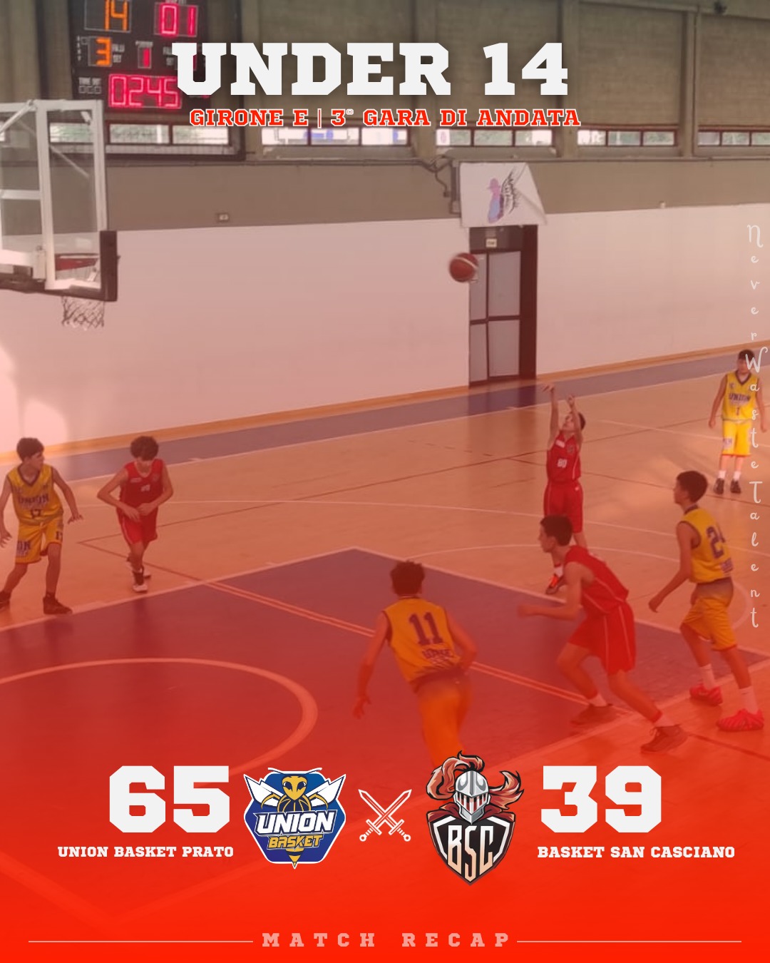𝐔𝐧𝐝𝐞𝐫 𝟏𝟒 𝐒𝐢𝐥𝐯𝐞𝐫, 𝐠𝐢𝐫𝐨𝐧𝐞 𝐄 - 𝟑ª 𝐠𝐚𝐫𝐚 𝐝𝐢 𝐚𝐧𝐝𝐚𝐭𝐚
𝐔𝐧𝐢𝐨𝐧 𝐁𝐚𝐬𝐤𝐞𝐭 𝐏𝐫𝐚𝐭𝐨 𝐯𝐬 𝐁𝐚𝐬𝐤𝐞𝐭 𝐒𝐚𝐧 𝐂𝐚𝐬𝐜𝐢𝐚𝐧𝐨: 𝟔𝟓 - 𝟑𝟗

I parziali subiti nel primo e terzo quarto (18–3 e 19–8 per Union) condizionano il risultato finale.

A Prato vincono i padroni di casa, nonostante secondo e quarto periodo giocati alla pari.

Forza Ragazzi!

𝐈𝐥 𝐜𝐨𝐦𝐦𝐞𝐧𝐭𝐨 𝐝𝐢 𝐂𝐨𝐚𝐜𝐡 𝐍𝐚𝐝𝐚𝐥𝐢𝐧:
Partita che si potrebbe definire emblematica di questo inizio di stagione: due quarti giocati alla pari con gli avversari e due quarti in cui concediamo contropiedi facili.

Inizio con poca energia: troppo statici in attacco e poco reattivi in difesa, dove regaliamo troppi rimbalzi.

Successivamente ci siamo riorganizzati dietro, concedendo poche penetrazioni.

Al rientro dagli spogliatoi, nel terzo quarto, poca intensità e tante palle perse permettono agli avversari di allungare in modo definitivo.

Dobbiamo lavorare tanto in settimana per correggere gli errori che ancora ci penalizzano in questa fase della stagione.

#NeverWasteTalent
