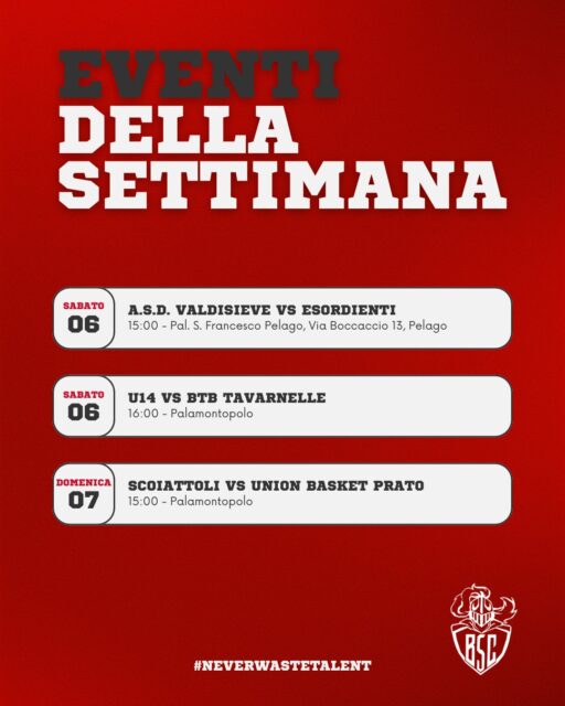 📅 𝐄𝐯𝐞𝐧𝐭𝐢 𝐝𝐞𝐥𝐥𝐚 𝐬𝐞𝐭𝐭𝐢𝐦𝐚𝐧𝐚!
Weekend pieno di partite, passione e tanto biancorosso 🤍❤️!

🤍🏀 Sabato 06 – A.S.D. Valdisieve vs Esordienti BSC
📍 Pal. S. Francesco Pelago – Via Boccaccio 13, Pelago ⏰ 15:00

❤️🏀 Sabato 06 – U14 BSC vs BTB Tavarnelle
📍 Palamontopolo ⏰ 16:00

🤍🏀 Domenica 07 – Scoiattoli BSC vs Union Basket Prato
📍 Palamontopolo ⏰ 15:00

❤️🏀 Domenica 07 – Del Toro Asinalonga vs U17 BSC
📍 Pala Pania – Strada Prov. 321 km 2100 ⏰ 16:00

🤍🏀 Domenica 07 – Polisportiva Tavarnelle vs DR2 Knights
📍 Palazzetto Bustecca – Via Ugo Foscolo 2, Barberino ⏰ 18:00

❤️🏀 Domenica 07 – DR3 Crazy Horses vs Freccia Azzurra
📍 Palamontopolo ⏰ 20:30

💪 Energia, cuore e spirito di squadra: sempre insieme ai nostri ragazzi! ⚪🔴

#NeverWasteTalent
