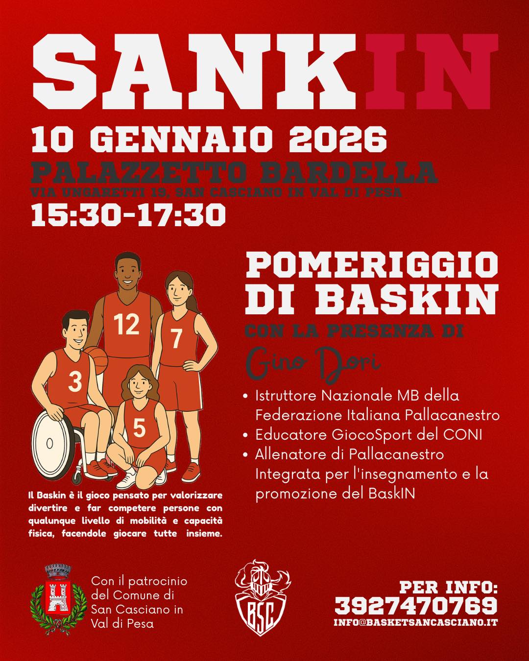 𝗦𝗮𝗻𝗸𝗜𝗡 – 𝗦𝗮𝗯𝗮𝘁𝗼 𝟭𝟬 𝗴𝗲𝗻𝗻𝗮𝗶𝗼 𝗱𝗮𝗹𝗹𝗲 𝟭𝟱.𝟯𝟬 🏀🤍❤️

Sabato prossimo l’appuntamento più importante di tutta la nostra stagione sportiva con i nostri migliori amici di San Casciano e di tutto il Chianti fiorentino.

Con il patrocinio del Comune di San Casciano in Val di Pesa ed in collaborazione con Gino Dori, pomeriggio SankIN aperto a tutte le abilità, per stare tutti insieme, dai 10 ai 100 anni sullo stesso campo da gioco e nel vero spirito del BaskIN.

Passate la voce: vi aspettiamo sabato 10 gennaio alle 15.30 presso il Palazzetto Bardella di San Casciano (info e adesioni ai contatti in locandina).

#NeverWasteTalent