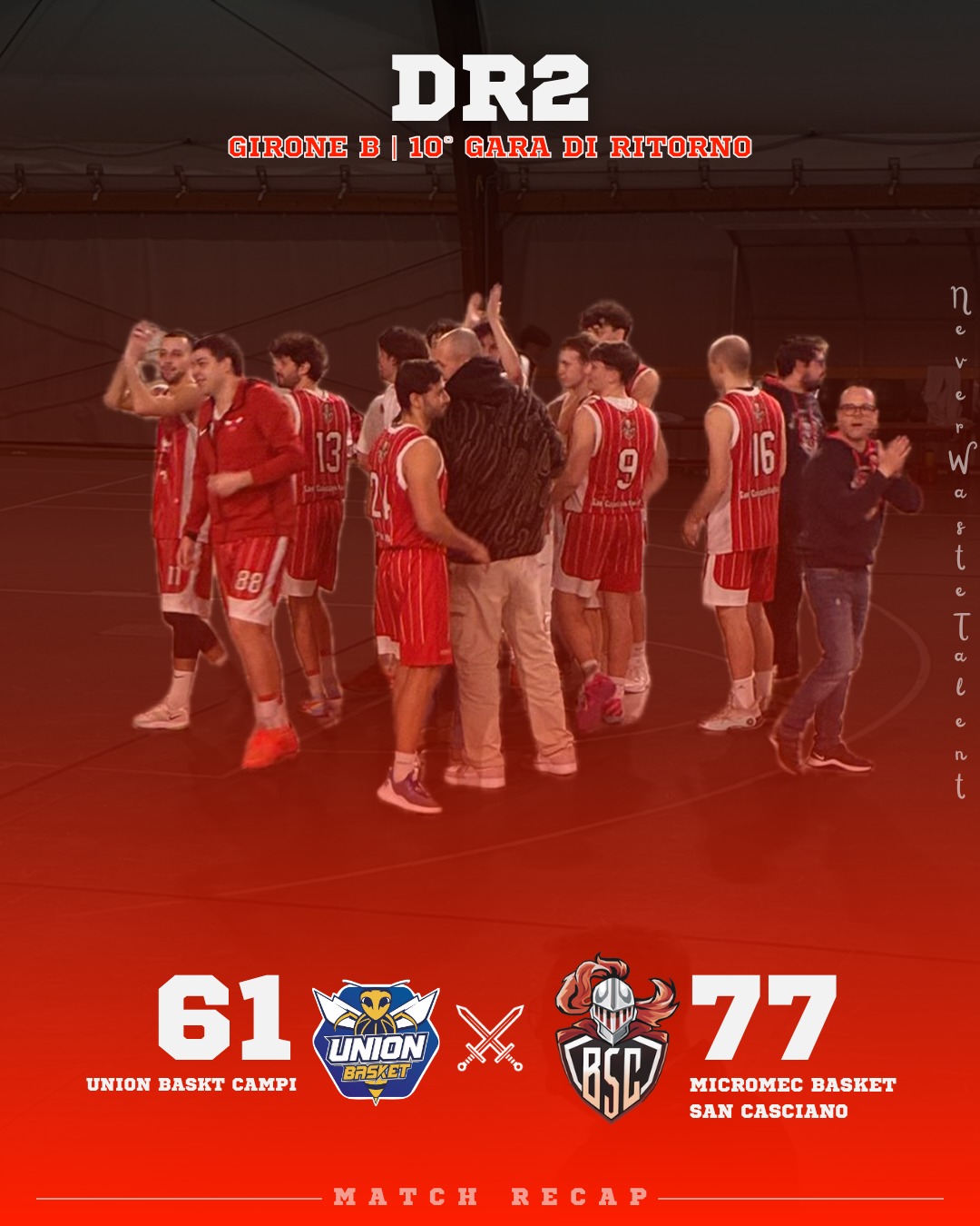 𝐃𝐑𝟐, 𝐠𝐢𝐫𝐨𝐧𝐞 𝐁 - 𝟏𝟎ª 𝐠𝐚𝐫𝐚 𝐝𝐢 𝐫𝐢𝐭𝐨𝐫𝐧𝐨
𝐔𝐧𝐢𝐨𝐧 𝐁𝐚𝐬𝐤𝐞𝐭 𝐂𝐚𝐦𝐩𝐢 𝐯𝐬 𝐌𝐢𝐜𝐫𝐨𝐦𝐞𝐜 𝐒𝐚𝐧 𝐂𝐚𝐬𝐜𝐢𝐚𝐧𝐨: 𝟔𝟏 - 𝟕𝟕.

Altri due punti importanti per i ragazzi della Basket San Casciano, a tre giornate dal termine della stagione regolare che sancirà la griglia delle squadre ammesse ai play off.

Partita condotta senza grandi patemi, con un buon approccio e una gestione solida per tutti i quaranta minuti.

Dopo la sosta pasquale affronteremo ancora da primi in classifica Mugello Basket, squadra pronta a giocarsi uno degli ultimi posti disponibili per i play off.

𝐈𝐥 𝐜𝐨𝐦𝐦𝐞𝐧𝐭𝐨 𝐝𝐢 𝐂𝐨𝐚𝐜𝐡 𝐏𝐢𝐬𝐭𝐨𝐥𝐞𝐬𝐢:
È stata una partita approcciata con l’atteggiamento giusto fin dal primo minuto e da parte di tutta la squadra.

Era una gara in cui bisognava essere attenti e determinati e siamo riusciti a produrre buone soluzioni offensive, sia con gli esterni che con gli interni, trovando vantaggi dai ribaltamenti di palla.

Anche difensivamente siamo stati bravi, anche se non sempre, a restare sulle regole che ci eravamo dati per togliere iniziativa e tiro da tre punti agli avversari.

Nel complesso la squadra ha mantenuto una buona concentrazione per tutti i quaranta minuti, restando sempre avanti nel punteggio.

Ora ricarichiamo le energie con la sosta di Pasqua per affrontare al meglio lo sprint finale della regular season.

#NeverWasteTalent