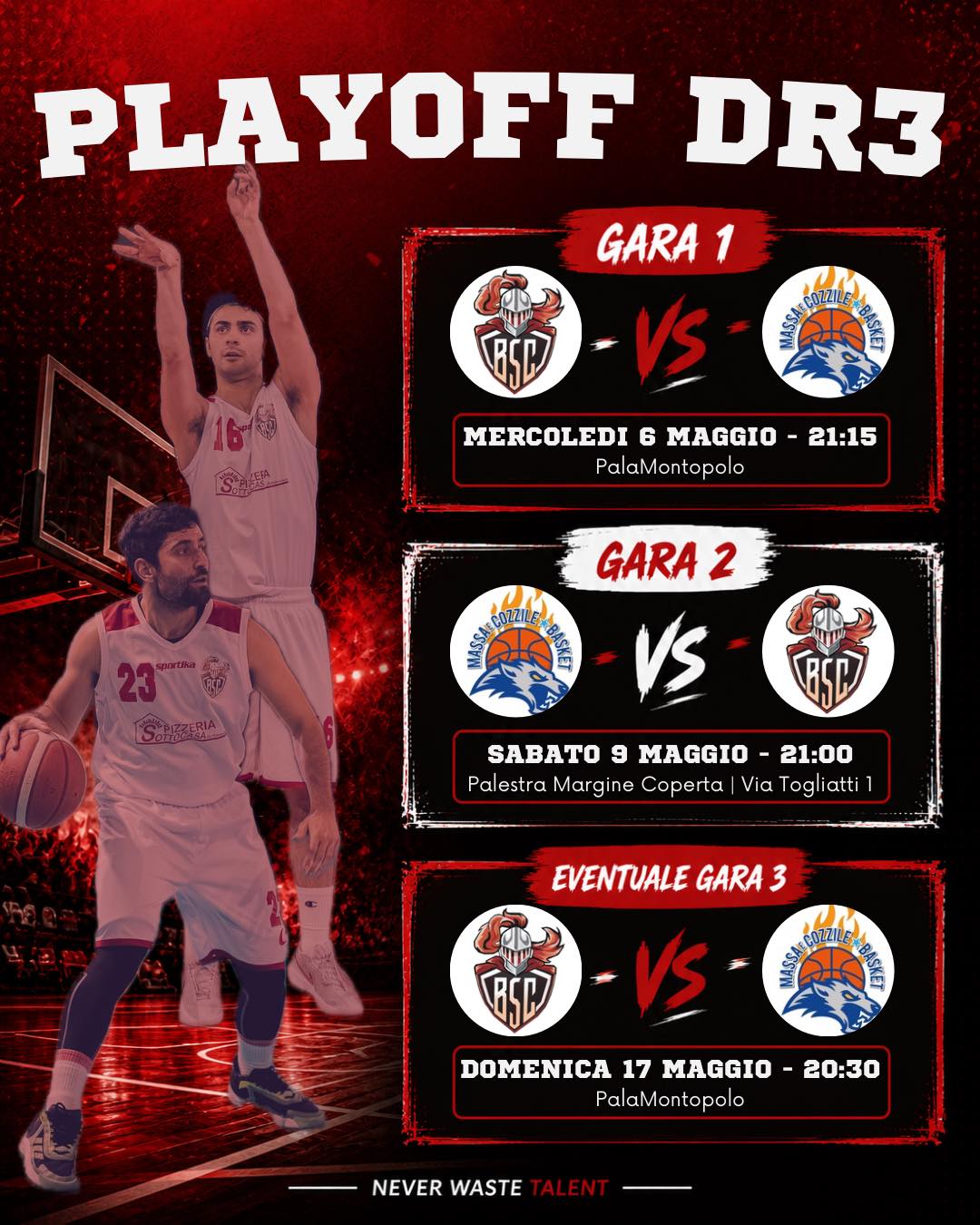 🔥 𝗣𝗟𝗔𝗬𝗢𝗙𝗙 𝗗𝗥𝟯 – 𝗦𝗘𝗠𝗜𝗙𝗜𝗡𝗔𝗟𝗘 🔥

𝗢𝗚𝗚𝗜 inizia la serie. 
𝗣𝗶𝘇𝘇𝗲𝗿𝗶𝗮 𝗦𝗼𝘁𝘁𝗼𝗰𝗮𝘀𝗮 𝗕𝗮𝘀𝗸𝗲𝘁 𝗦𝗮𝗻 𝗖𝗮𝘀𝗰𝗶𝗮𝗻𝗼 è pronta🐎

𝗚𝗔𝗥𝗔 𝟭 
🗓️ Mercoledì 6 Maggio – 21:15 
📍 PalaMontopolo 

𝗚𝗔𝗥𝗔 𝟮 
🗓️ Sabato 9 Maggio – 21:00 
📍 Palestra Margine Coperta 

𝗘𝗩𝗘𝗡𝗧𝗨𝗔𝗟𝗘 𝗚𝗔𝗥𝗔 𝟯 
🗓️ Domenica 17 Maggio – 20:30 
📍 PalaMontopolo 

Servirà il supporto di tutti 🤍❤️ 
Insieme, come una famiglia.

#NeverWasteTalent