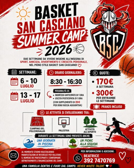 ☀️🏀 BASKET SAN CASCIANO SUMMER CAMP 2026 🏀☀️

Due settimane da vivere insieme tra basket, sport, amicizia, divertimento e crescita personale… nel pieno stile Basket San Casciano! 🤍❤️

📅 6-10 Luglio
📅 13-17 Luglio

🕣 Orario: 8:30 - 16:30
🍝 Pranzo incluso
🏀 Attività tra campino del Policrosalus, palestra e attività all’aperto
🏊‍♂️ Giornata in piscina
🌳 Picnic alla Sequoia

💰 Quote:
• 170€ a settimana
• 300€ entrambe le settimane

Possibilità di ingresso anticipato o uscita posticipata 🕒

Stiamo raccogliendo le manifestazioni di interesse per organizzare al meglio il camp e far vivere ai ragazzi un’estate piena di energia, sorrisi e pallacanestro! 🏀

📲 Per informazioni o adesioni:
Beatrice – 392 7470769

Una famiglia dentro e fuori dal campo.
NEVER WASTE TALENT 🤍❤️

#NeverWasteTalent