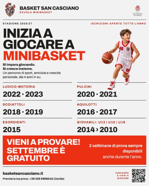 🏀 CERCHI UNO SPORT PER TUO FIGLIO? A SETTEMBRE PROVA IL MINIBASKET GRATIS.

A San Casciano in Val di Pesa, il Basket San Casciano accoglie bambini e bambine dai 4 anni in su per iniziare a vivere il basket in un ambiente fatto di gioco, amicizia e crescita.

🤍 Si impara a giocare.
❤️ Si fanno nuove amicizie.
🤍 Si cresce insieme.
❤️ Si entra a far parte di una squadra.

E per iniziare c’è un’occasione speciale:

🔴 SETTEMBRE È GRATUITO.

Nessun impegno: vieni a provare, conosci i nostri allenatori, i tuoi nuovi compagni e scopri quanto può essere bello giocare a basket.

📲 Compila il modulo e prenota subito la prova.

👉 Ti aspettiamo al Basket San Casciano.

Sport. Amicizia. Crescita personale.
Una famiglia in cui crescere insieme.

#NeverWasteTalent