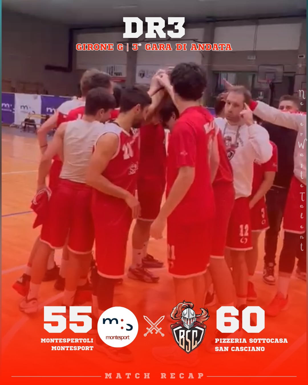 𝐃𝐑𝟑, 𝐠𝐢𝐫𝐨𝐧𝐞 𝐆 - 𝟑ª 𝐠𝐚𝐫𝐚 𝐝𝐢 𝐚𝐧𝐝𝐚𝐭𝐚
𝐌𝐨𝐧𝐭𝐞𝐬𝐩𝐞𝐫𝐭𝐨𝐥𝐢 𝐌𝐨𝐧𝐭𝐞𝐬𝐩𝐨𝐫𝐭 𝐯𝐬 𝐏𝐢𝐳𝐳𝐞𝐫𝐢𝐚 𝐒𝐨𝐭𝐭𝐨𝐜𝐚𝐬𝐚 𝐒𝐚𝐧 𝐂𝐚𝐬𝐜𝐢𝐚𝐧𝐨: 𝟓𝟓 - 𝟔𝟎

Il derby del Chianti è nostro: successo in trasferta e seconda vittoria consecutiva per la nostra squadra di Divisione 3.

Partita equilibrata, caratterizzata da una buona solidità difensiva e dalla capacità dei biancorossi di reggere ai tentativi di recupero di Montespertoli.

Prossimo impegno: sabato 22 novembre, ancora in trasferta, sul difficile campo di Colle Val d’Elsa.

𝐈𝐥 𝐜𝐨𝐦𝐦𝐞𝐧𝐭𝐨 𝐝𝐢 𝐂𝐨𝐚𝐜𝐡 𝐁𝐨𝐫𝐠𝐡𝐢:
Siamo contenti perché possiamo festeggiare una vittoria contro Montesport confermando il successo della settimana scorsa contro Poggibonsi, e perché portare a casa un derby sentito fa sempre piacere.

Bene l’atteggiamento e soprattutto la solidità difensiva, con soli 55 punti concessi. Rimane però un po’ di amarezza perché la partita poteva essere chiusa prima degli ultimi 5 minuti: dobbiamo imparare a gestire meglio i finali ed essere più tranquilli.

Montesport non ha mai mollato, tornando più volte sotto, ma abbiamo tenuto bene nei momenti decisivi.

Ora testa alla prossima contro Valdelsa, una delle sfide più difficili del campionato.

Fiducia e avanti così.

#NeverWasteTalent