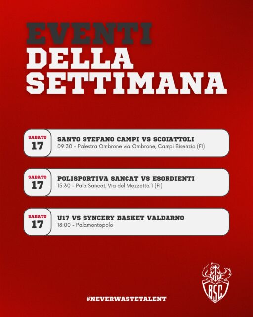 📅 𝐄𝐯𝐞𝐧𝐭𝐢 𝐝𝐞𝐥𝐥𝐚 𝐬𝐞𝐭𝐭𝐢𝐦𝐚𝐧𝐚!
Un weekend tutto biancorosso 🤍❤️ tra Minibasket, giovanili e senior!

🤍🏀 𝐒𝐚𝐛𝐚𝐭𝐨 𝟏𝟕 – Santo Stefano Campi vs 𝐒𝐜𝐨𝐢𝐚𝐭𝐭𝐨𝐥𝐢 𝐁𝐒𝐂
📍 Palestra Ombrone, Campi Bisenzio ⏰ 09:30

❤️🏀 𝐒𝐚𝐛𝐚𝐭𝐨 𝟏𝟕 – Polisportiva Sancat vs 𝐄𝐬𝐨𝐫𝐝𝐢𝐞𝐧𝐭𝐢 𝐁𝐒𝐂
📍 Pala Sancat, Firenze ⏰ 15:30

🤍🏀 𝐒𝐚𝐛𝐚𝐭𝐨 𝟏𝟕 – 𝐔𝟏𝟕 𝐁𝐒𝐂 vs Syncery Basket Valdarno
📍 Palamontopolo ⏰ 18:00

❤️🏀 𝐃𝐨𝐦𝐞𝐧𝐢𝐜𝐚 𝟏𝟖 – 𝐀𝐪𝐮𝐢𝐥𝐨𝐭𝐭𝐢 𝐁𝐒𝐂 vs Firenze 2
📍 Bardella ⏰ 15:30

🤍🏀 𝐃𝐨𝐦𝐞𝐧𝐢𝐜𝐚 𝟏𝟖 – 𝐔𝟏𝟒 𝐁𝐒𝐂 vs Union Basket Prato
📍 Palamontopolo ⏰ 15:15

❤️🏀 𝐃𝐨𝐦𝐞𝐧𝐢𝐜𝐚 𝟏𝟖 – Firenze 2 vs 𝐃𝐑𝟐 𝐊𝐧𝐢𝐠𝐡𝐭𝐬
📍 Palestra Kassel, Firenze ⏰ 19:00

🤍🏀 𝐃𝐨𝐦𝐞𝐧𝐢𝐜𝐚 𝟏𝟖 – 𝐃𝐑𝟑 𝐂𝐫𝐚𝐳𝐲 𝐇𝐨𝐫𝐬𝐞𝐬 vs Montesport
📍 Palamontopolo ⏰ 21:15

💪 Energia, passione e crescita: tutti insieme a sostenere la famiglia Basket San Casciano 🔴⚪

#NeverWasteTalent