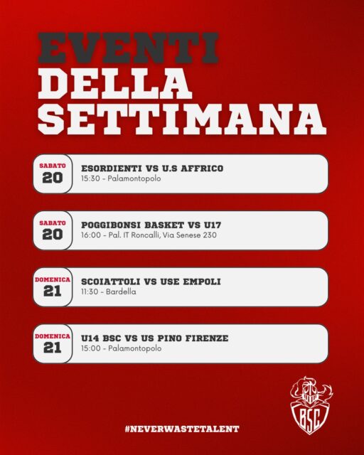📅 𝐄𝐯𝐞𝐧𝐭𝐢 𝐝𝐞𝐥𝐥𝐚 𝐬𝐞𝐭𝐭𝐢𝐦𝐚𝐧𝐚!
Un weekend tutto biancorosso 🤍❤️ tra Minibasket, giovanili e senior!

🤍🏀 𝐒𝐚𝐛𝐚𝐭𝐨 𝟐𝟎 – 𝐄𝐬𝐨𝐫𝐝𝐢𝐞𝐧𝐭𝐢 𝐁𝐒𝐂 vs U.S. Affrico
📍 Palamontopolo ⏰ 15:30

❤️🏀 𝐒𝐚𝐛𝐚𝐭𝐨 𝟐𝟎 – Poggibonsi Basket vs 𝐔𝟏𝟕 𝐁𝐒𝐂
📍 Pal. IT Roncalli – Via Senese 230 ⏰ 16:00

🤍🏀 𝐃𝐨𝐦𝐞𝐧𝐢𝐜𝐚 𝟐𝟏 – Affrico vs 𝐀𝐪𝐮𝐢𝐥𝐨𝐭𝐭𝐢 𝐁𝐒𝐂
📍 Viale Manfredo Fanti 20, Firenze ⏰ 16:00

❤️🏀 𝐃𝐨𝐦𝐞𝐧𝐢𝐜𝐚 𝟐𝟏 – Mugello Basket vs 𝐃𝐑𝟐 𝐊𝐧𝐢𝐠𝐡𝐭𝐬
📍 Palazzetto Gaddo Cipriani – Via P. Caiani 1 ⏰ 19:00

🤍🏀 𝐃𝐨𝐦𝐞𝐧𝐢𝐜𝐚 𝟐𝟏 – 𝐃𝐑𝟑 𝐂𝐫𝐚𝐳𝐲 𝐇𝐨𝐫𝐬𝐞𝐬 vs L&S Basket Teamnova
📍 Palamontopolo ⏰ 21:00

❤️🏀 𝐃𝐨𝐦𝐞𝐧𝐢𝐜𝐚 𝟐𝟏 – 𝐒𝐜𝐨𝐢𝐚𝐭𝐭𝐨𝐥𝐢 𝐁𝐒𝐂 vs USE Empoli
📍 Bardella ⏰ 11:30

🤍🏀 𝐃𝐨𝐦𝐞𝐧𝐢𝐜𝐚 𝟐𝟏 – 𝐔𝟏𝟒 𝐁𝐒𝐂 vs U.S. Pino Firenze
📍 Palamontopolo ⏰ 15:00

💪 Energia, amicizia e crescita personale: tutti insieme a sostenere la famiglia Basket San Casciano ⚪🔴

#NeverWasteTalent