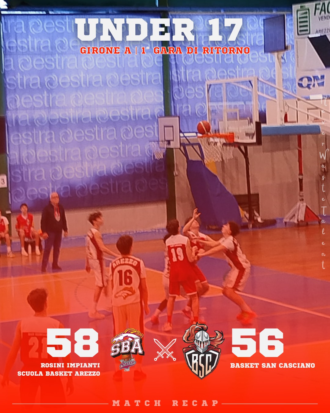 𝐔𝟏𝟕 𝐬𝐢𝐥𝐯𝐞𝐫, 𝐠𝐢𝐫𝐨𝐧𝐞 𝐀 - 𝟏ª 𝐠𝐚𝐫𝐚 𝐝𝐢 𝐫𝐢𝐭𝐨𝐫𝐧𝐨
𝐑𝐨𝐬𝐢𝐧𝐢 𝐈𝐦𝐩𝐢𝐚𝐧𝐭𝐢 𝐒𝐜𝐮𝐨𝐥𝐚 𝐁𝐚𝐬𝐤𝐞𝐭 𝐀𝐫𝐞𝐳𝐳𝐨 𝐯𝐬 𝐁𝐚𝐬𝐤𝐞𝐭 𝐒𝐚𝐧 𝐂𝐚𝐬𝐜𝐢𝐚𝐧𝐨: 𝟓𝟖 - 𝟓𝟔

La trasferta di Arezzo ci lascia l’amaro in bocca, con il terzo quarto che si rivela decisivo, in negativo per noi, per le sorti del match.

Peccato per una vittoria che poteva premiarci con la terza posizione in classifica.

Il riscatto però è subito alla nostra portata, nella prossima gara, di sabato 17 gennaio al PalaMontolo di San Casciano, contro la Synergy Valdarno.

Forza Ragazzi!

𝐈𝐥 𝐜𝐨𝐦𝐦𝐞𝐧𝐭𝐨 𝐝𝐢 𝐂𝐨𝐚𝐜𝐡 𝐅𝐚𝐛𝐛𝐫𝐢:
È iniziato il girone di ritorno e purtroppo usciamo sconfitti da una partita assolutamente alla nostra portata: comunque complimenti ai ragazzi che, contro la seconda della classe, hanno cercato la vittoria fino all’ultimo.

La differenza l’ha fatto il terzo tempo quando siamo scesi d’intensità sia in attacco che, soprattutto, in difesa. Il quarto tempo, poi, è stato a nostro vantaggio ma non è bastato per colmare il divario che avevamo accumulato.

Peccato perché, ripeto, la partita era assolutamente alla nostra portata.

Una menzione comunque per tutti i ragazzi, per la loro voglia di ricercare la vittoria.

Forza San Casciano!

#NeverWasteTalent